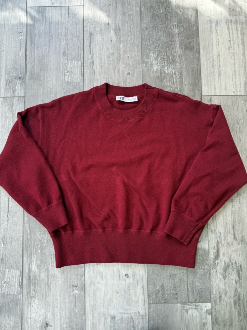Zara Burgundy Knit Pullover Sweater Small Drop Shoulder Cozy Crewneck